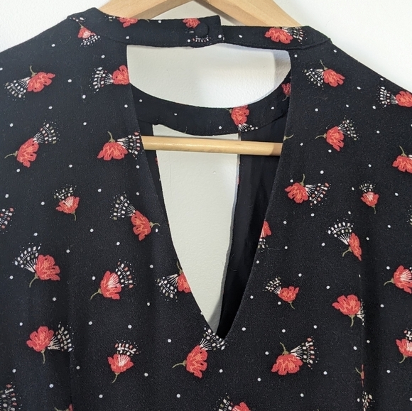 Free People Tegan Mini Dress Black Poppy Floral Keyhole Choker Bell Long Sleeve - Picture 8 of 13
